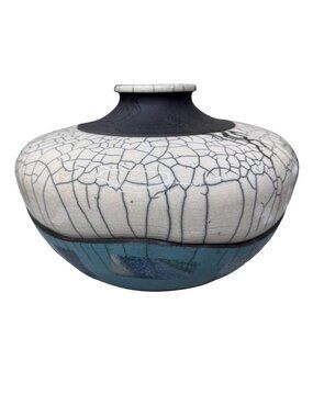 Bill Herb Dimensional Raku Studio Art Pottery Vase Black Orb Crackle 1984 Signed